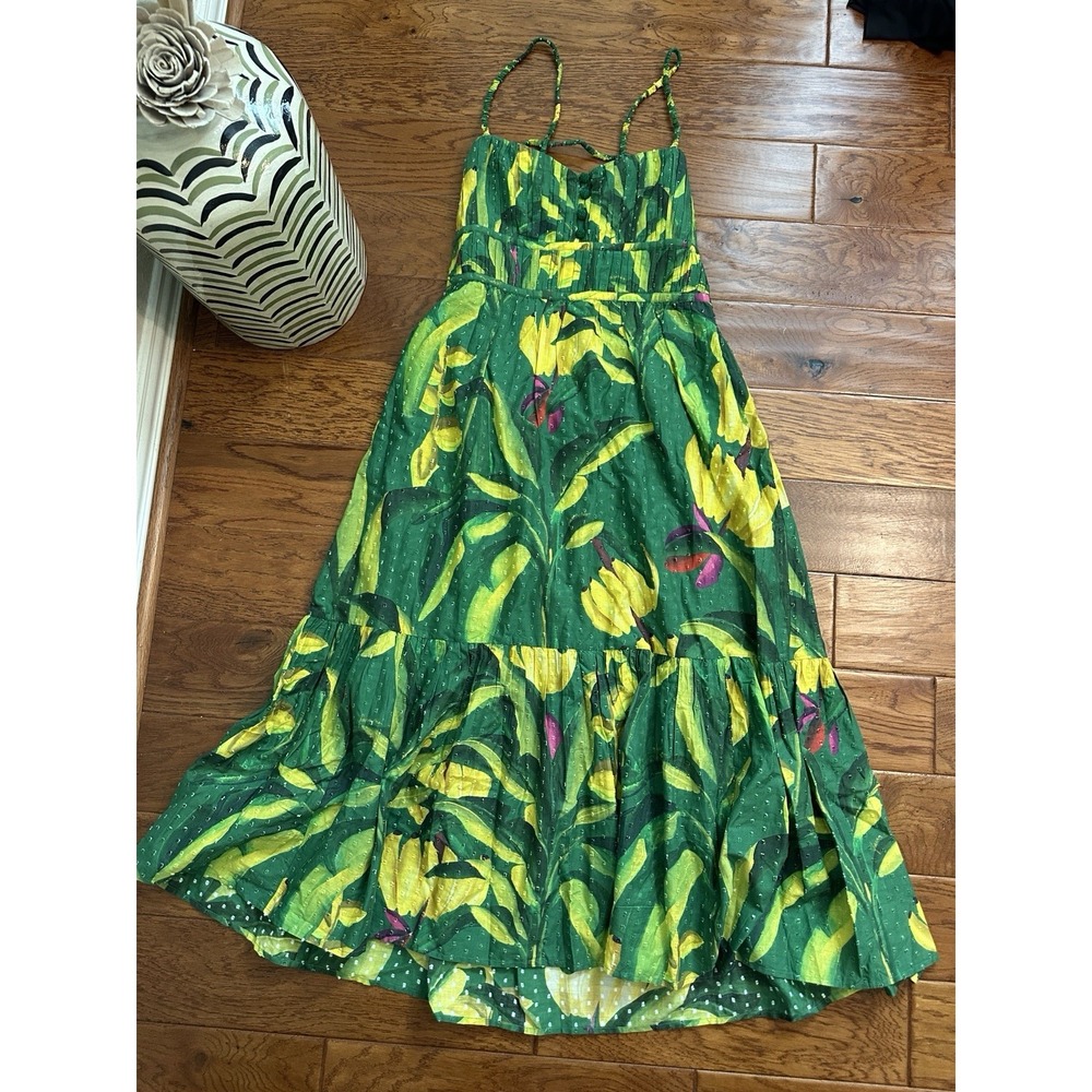 FARM Rio Banana Aquarela Midi Dress Green Yellow Tropical Open Back Women SZ L